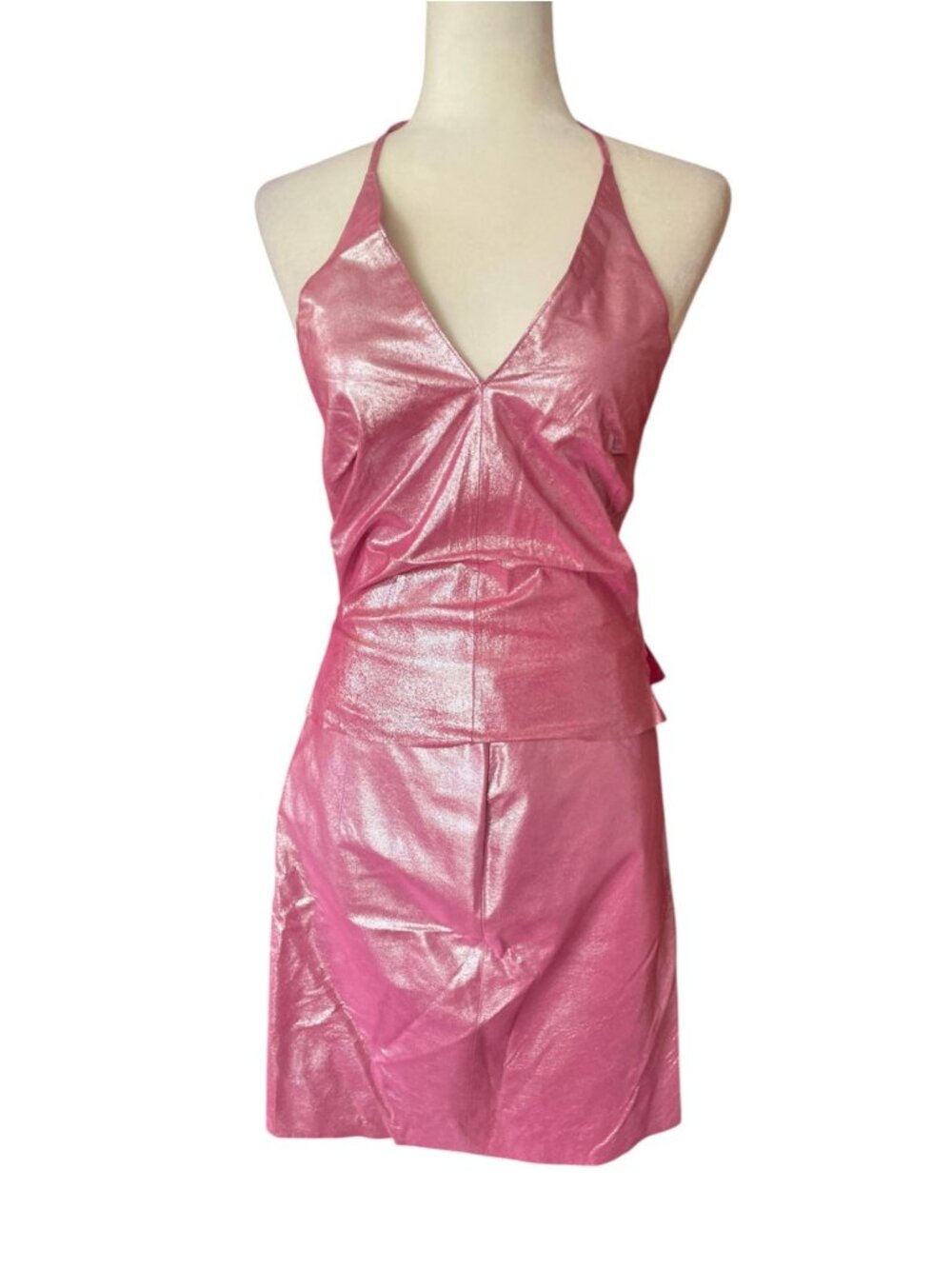 Rare Vintage Y2K Express Hot Pink 100% Leather Halter Top Skirt Set Sz XS Fest - Picture 2 of 16
